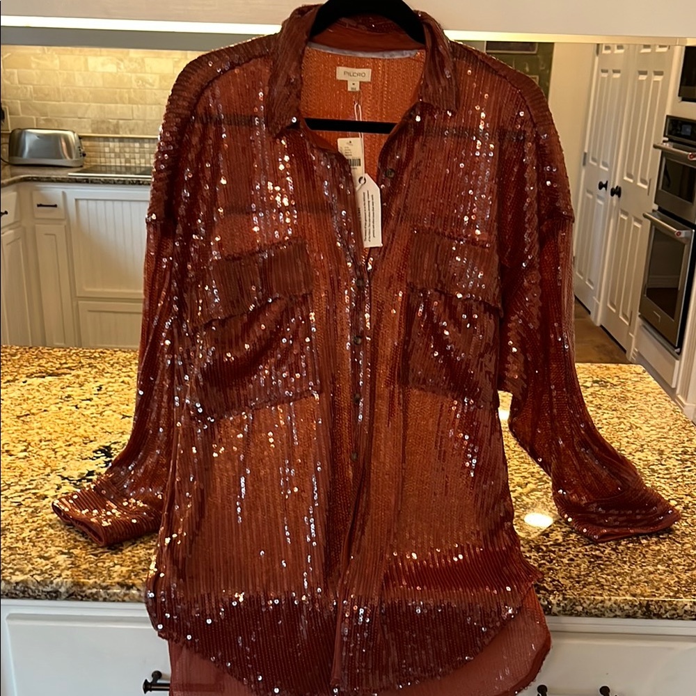 Anthro Pilcro Sequin Sheer Blouse in Rust